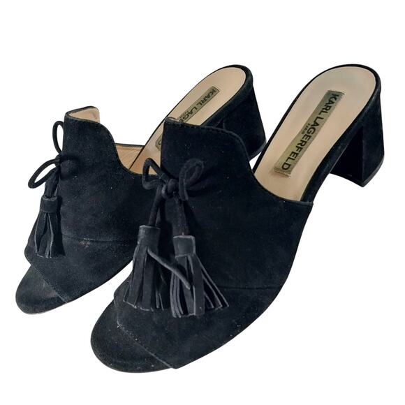 KARL LAGERFELD! BLACK GENUINE SUEDE LEATHER BOW & TASSEL PEEP TOE MULES! SZ 8M - Picture 10 of 10